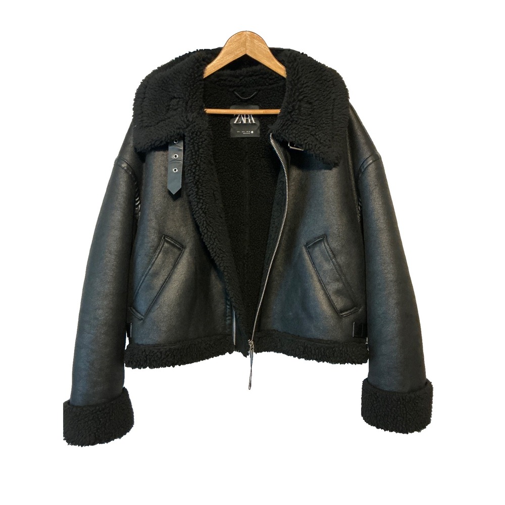 ZARA Double Faced Black Jacket Sherpa Aviator Bomber Streetwear Flight Sz L